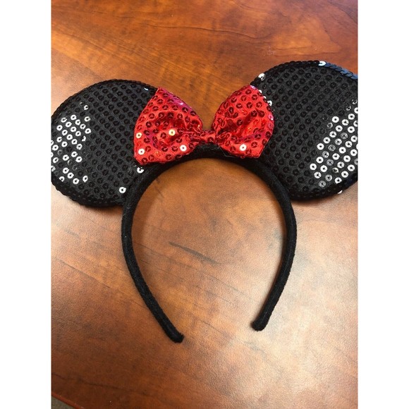 Disney Minnie Mouse Black Sequin Ears Headband Metallic Red Bow - Picture 1 of 2